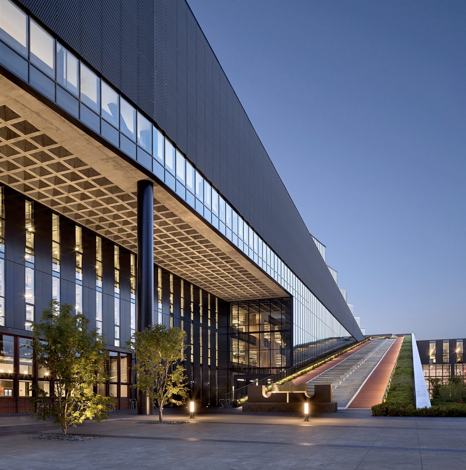 Corporate campus at dusk